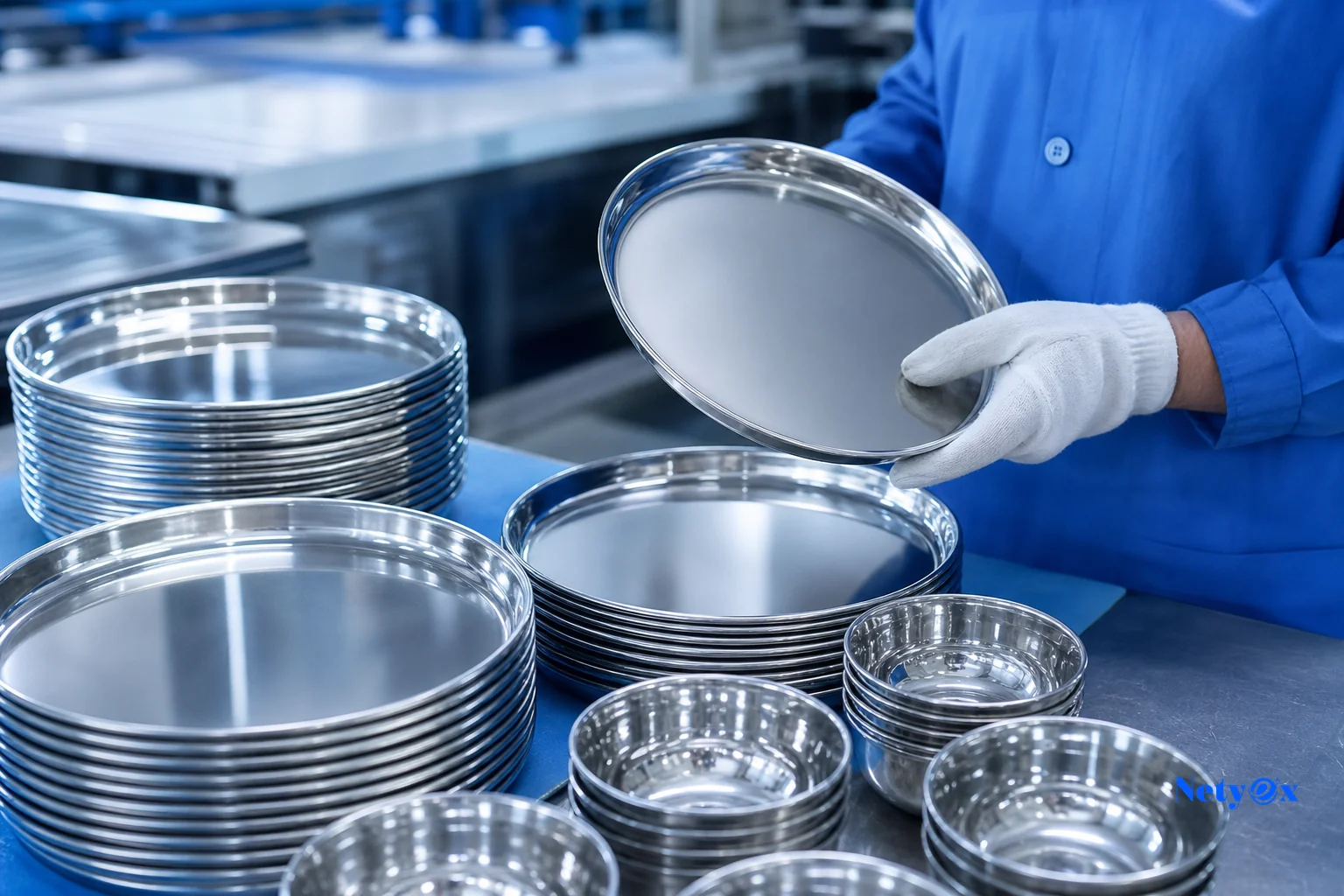 Close-up of stacked identical stainless steel plates and bowls being inspected for consistency. photorealistic close-up photo of neatly stacked matching stainless steel dinner plates and bowls on an inspection table in an Indian