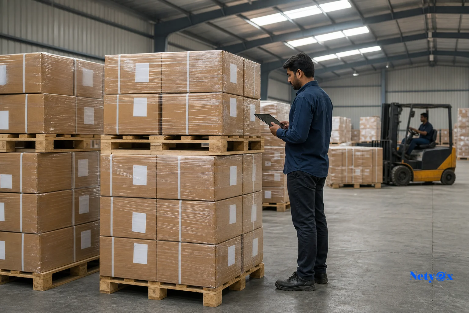 photorealistic photo of export-ready cardboard cartons stacked on wooden pallets in an Indian export warehouse, labeled with shipping tags, a worker checking a packing list on a tablet, forklift visible in background, natural daylight