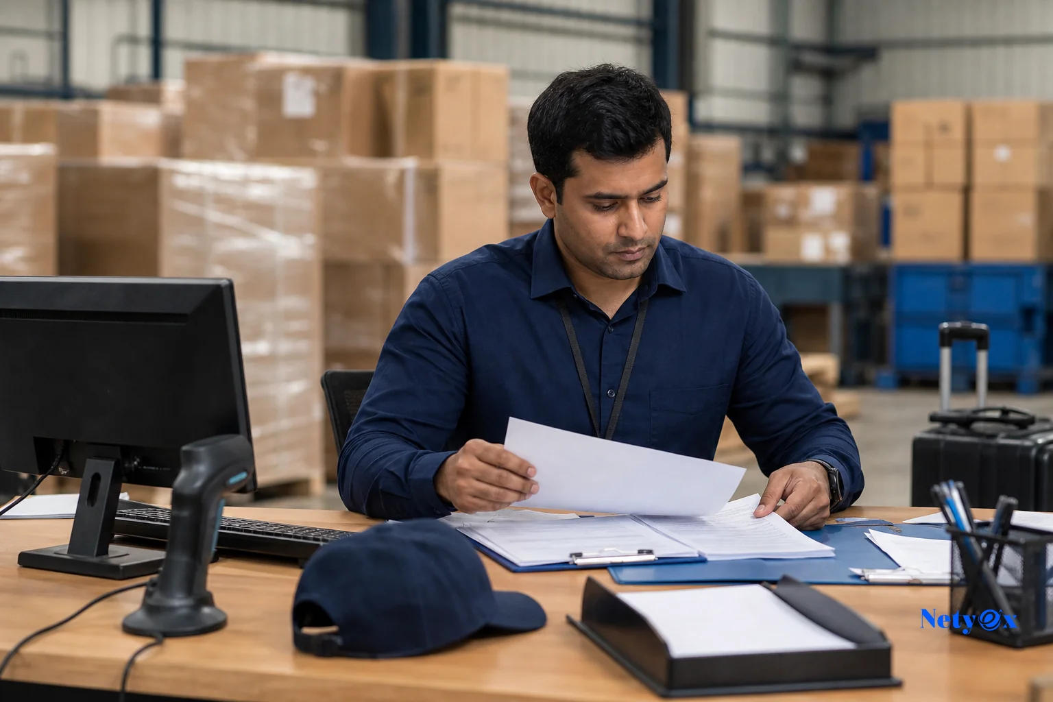Customs officer or import documents being reviewed at a port warehouse, representing duty calculation and clearance. Photorealistic photo of a customs clearance desk at a warehouse with a professional reviewing shipping documents, stacked