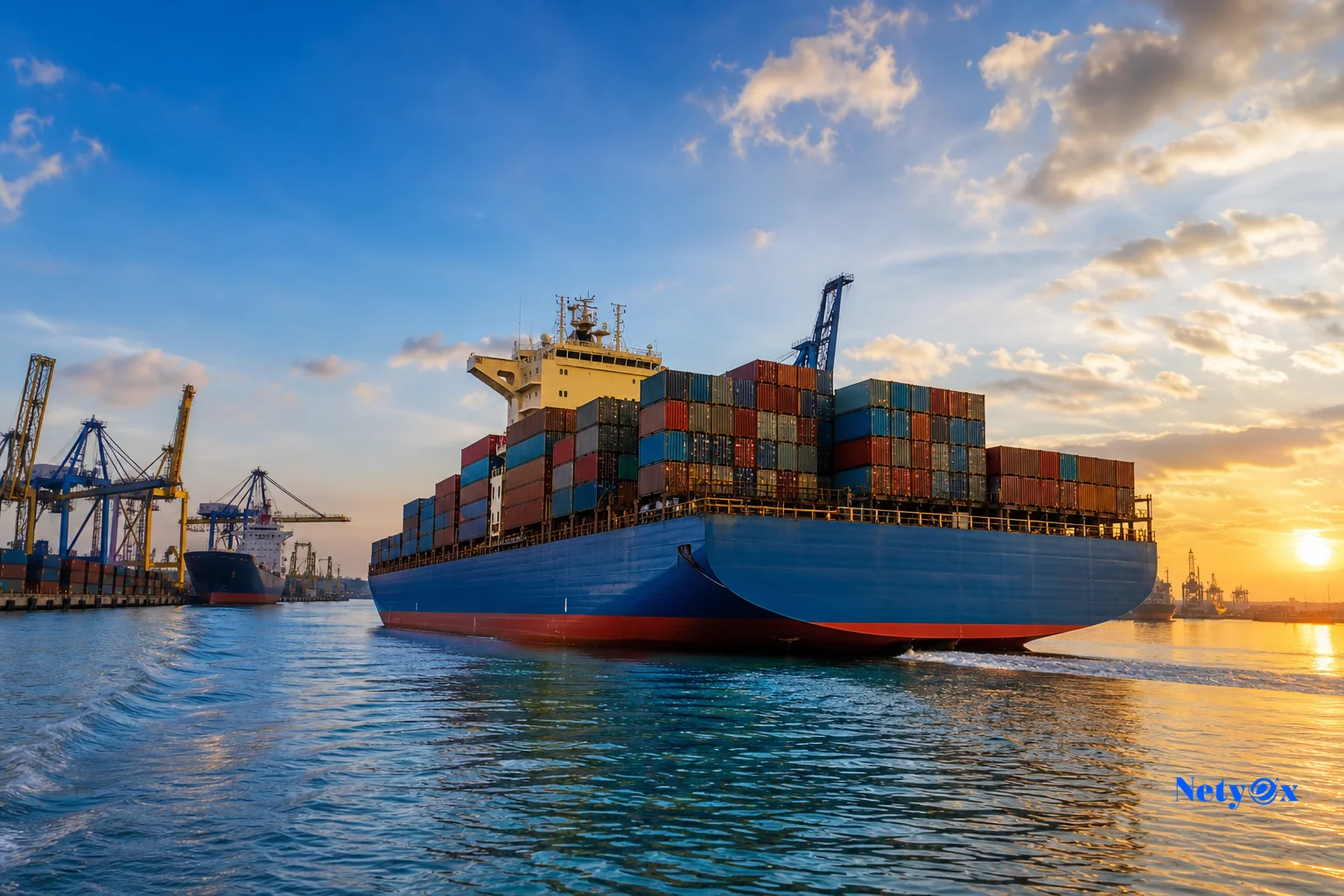 Cargo ship loaded with containers departing an Indian port, representing sea freight for imports. Photorealistic photo of a large cargo ship stacked with shipping containers departing a busy Indian port at golden hour, cranes and dock