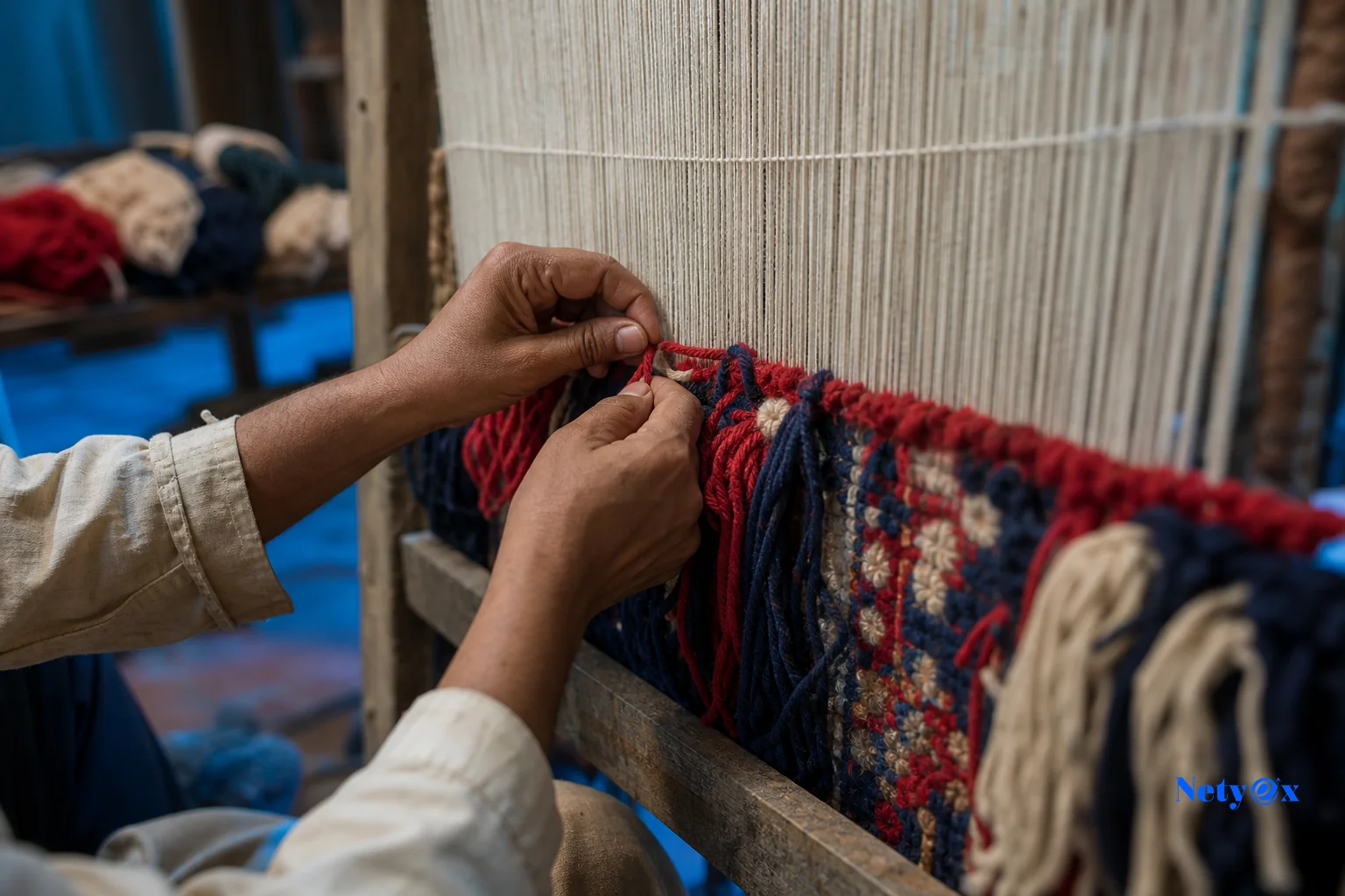 Artisan hands working on a loom in Bhadohi or Jaipur style carpet workshop. Photorealistic close-up photo of skilled artisan hands knotting wool yarn on a large vertical carpet loom in an Indian workshop, strands of red, navy blue, and