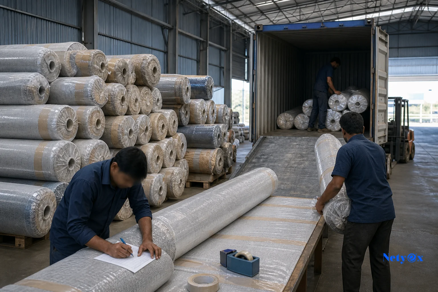 Export warehouse scene with rolled rugs being packed for international shipping. Photorealistic photo of a export packing warehouse in India with large rolled carpets wrapped in protective packaging stacked for container loading, workers