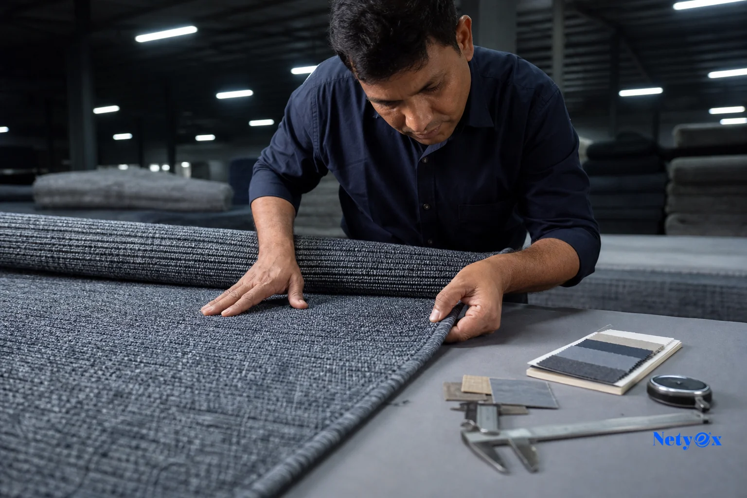 Quality inspector examining rug pile and color consistency in a factory setting. Photorealistic photo of a quality control inspector examining the pile texture and edge stitching of a rolled-out wool carpet under bright inspection lighting