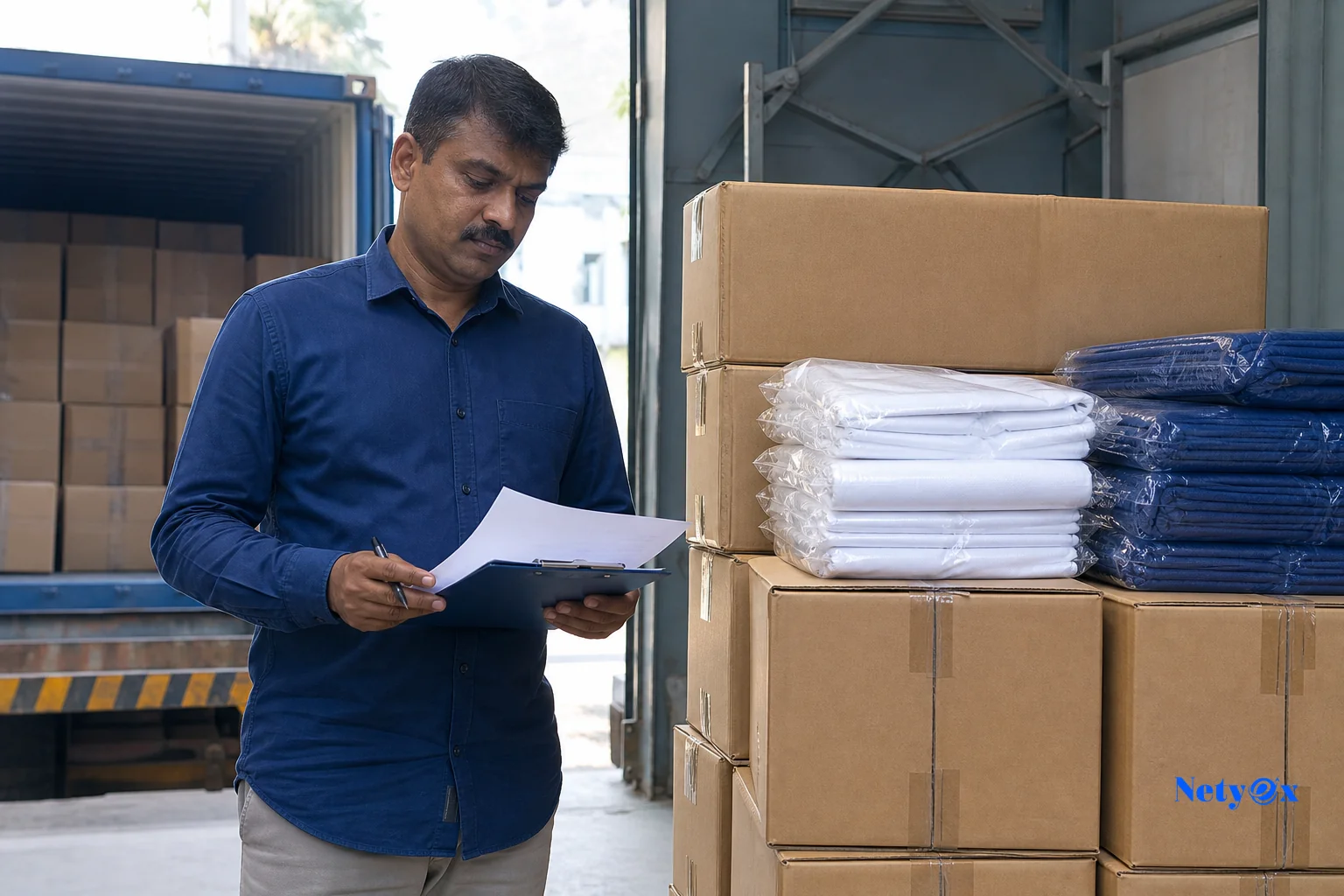 Export documentation and shipment paperwork being reviewed alongside packed hotel textile cartons at an Indian port warehouse. photorealistic photo of a logistics coordinator reviewing export documents and a packing list on a clipboard