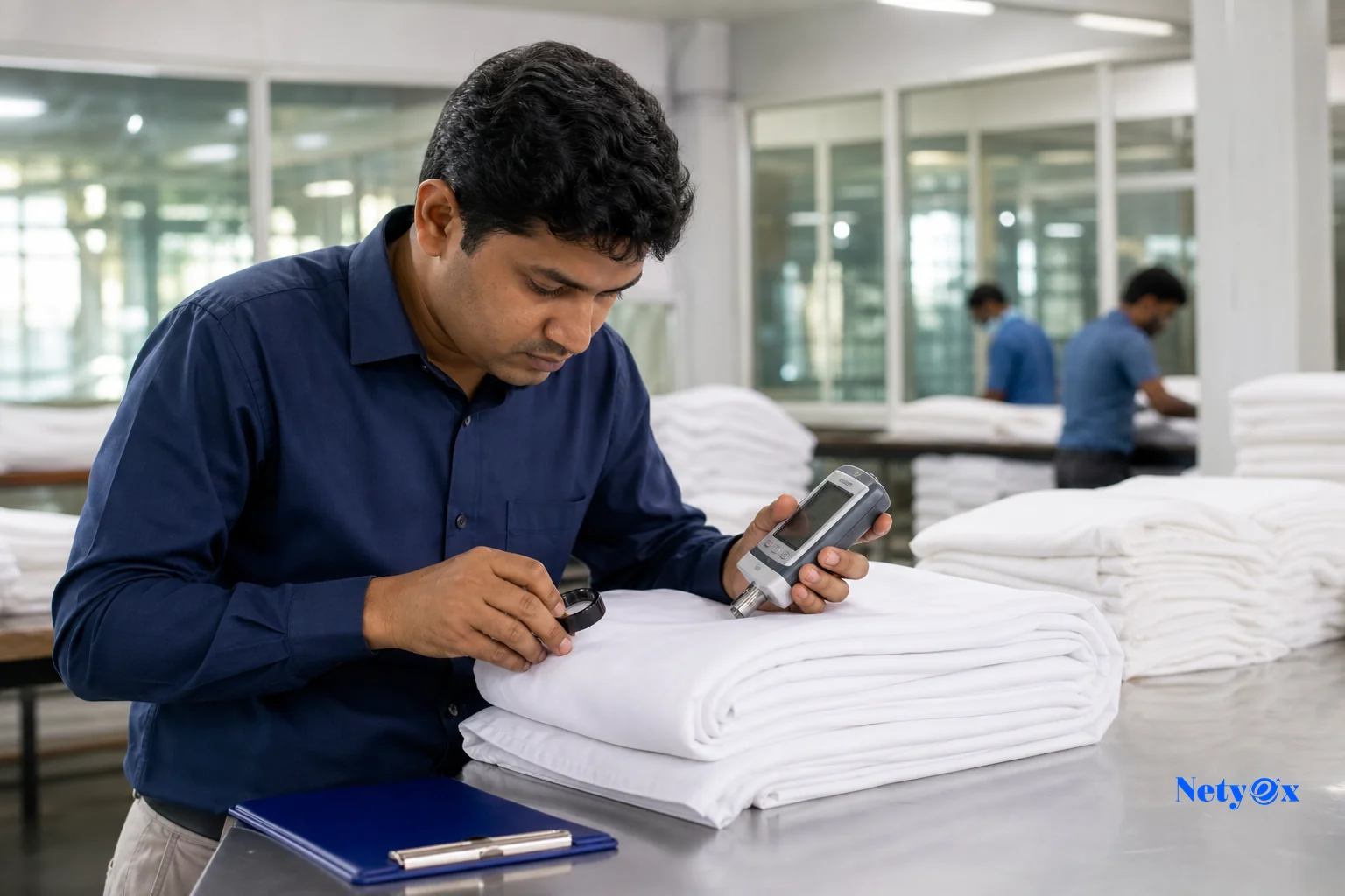 Quality inspector measuring fabric weight and thread density of hotel bed linen in an Indian textile facility. photorealistic photo of a quality control inspector in a well-lit Indian textile facility examining a folded stack of white hotel