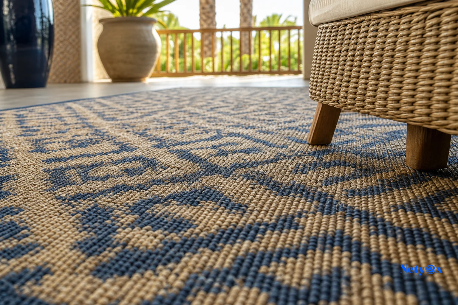 Close-up of a weatherproof outdoor rug texture in an open-air resort lounge. Photorealistic close-up photo of a durable woven outdoor rug texture on a covered resort patio, visible weave pattern of synthetic polypropylene yarn in navy blue