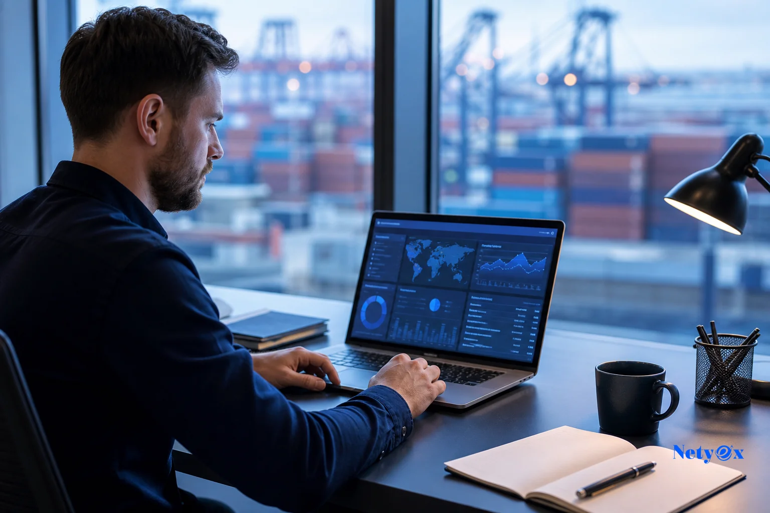 Business person viewing order tracking dashboard on a laptop with shipping imagery in background. Photorealistic photo of a professional buyer at a modern office desk viewing a shipment tracking dashboard on a laptop screen, soft blue