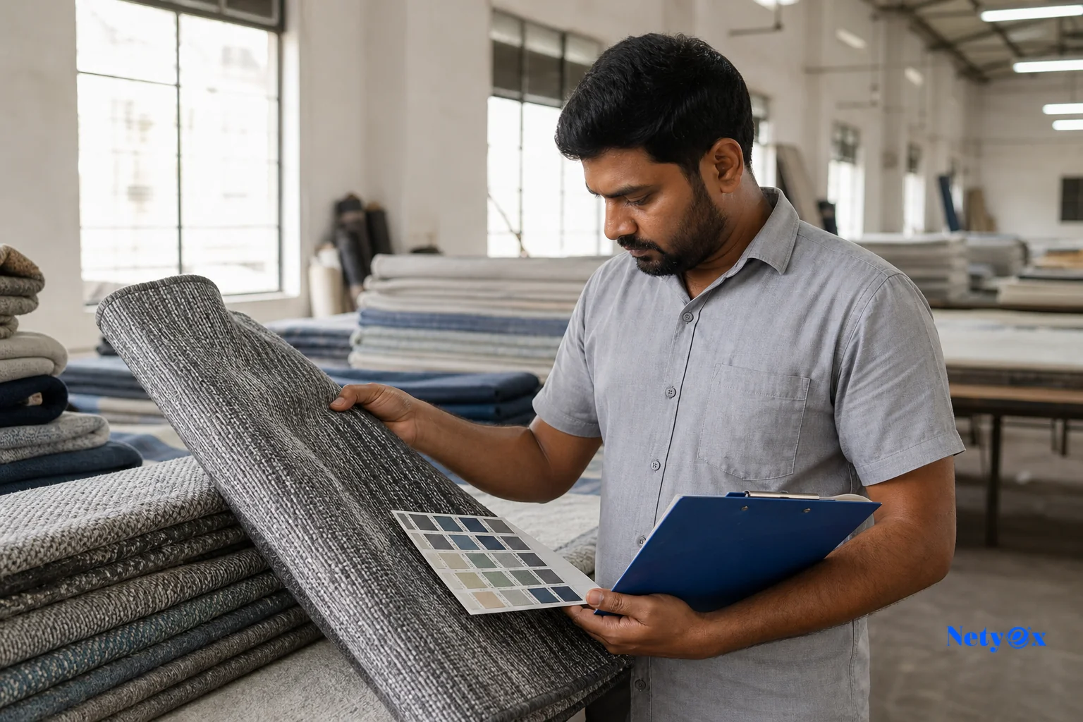 Quality control inspector checking rug samples in an Indian manufacturing facility. Photorealistic photo of a quality control inspector in a well-lit Indian textile workshop examining a rolled outdoor rug sample against a color swatch card