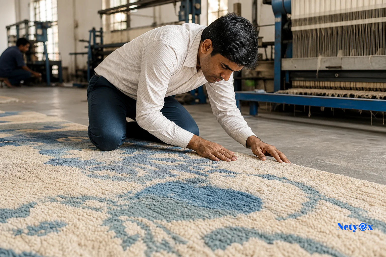 Close-up of a finished hand-tufted wool rug being inspected for quality before export packaging. photorealistic photo of a hand-tufted wool rug laid out on a factory floor in India, a quality inspector kneeling to examine the pile texture