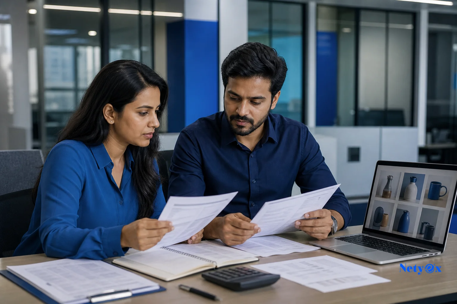 A small cross-functional team reviewing shipment documents and photos on a laptop in an office in India. photorealistic photo of a modern office in India, two professionals seated at a desk reviewing printed shipping documents, packing