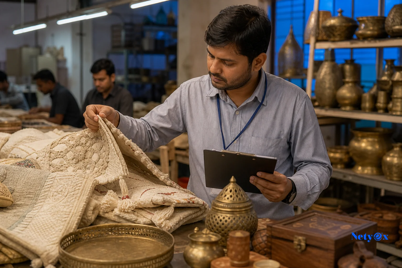 Quality inspector checking manufactured goods in an Indian factory setting. photorealistic photo of a quality control inspector examining handcrafted home decor and textile products on a factory workbench in India, checking stitching and