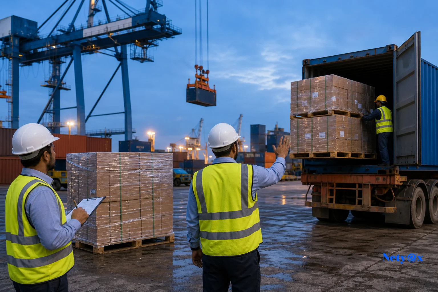 Export cargo being consolidated and loaded at an Indian port or logistics hub. photorealistic photo of stacked export cargo pallets and shipping containers being loaded at an Indian port logistics yard, workers coordinating with clipboards