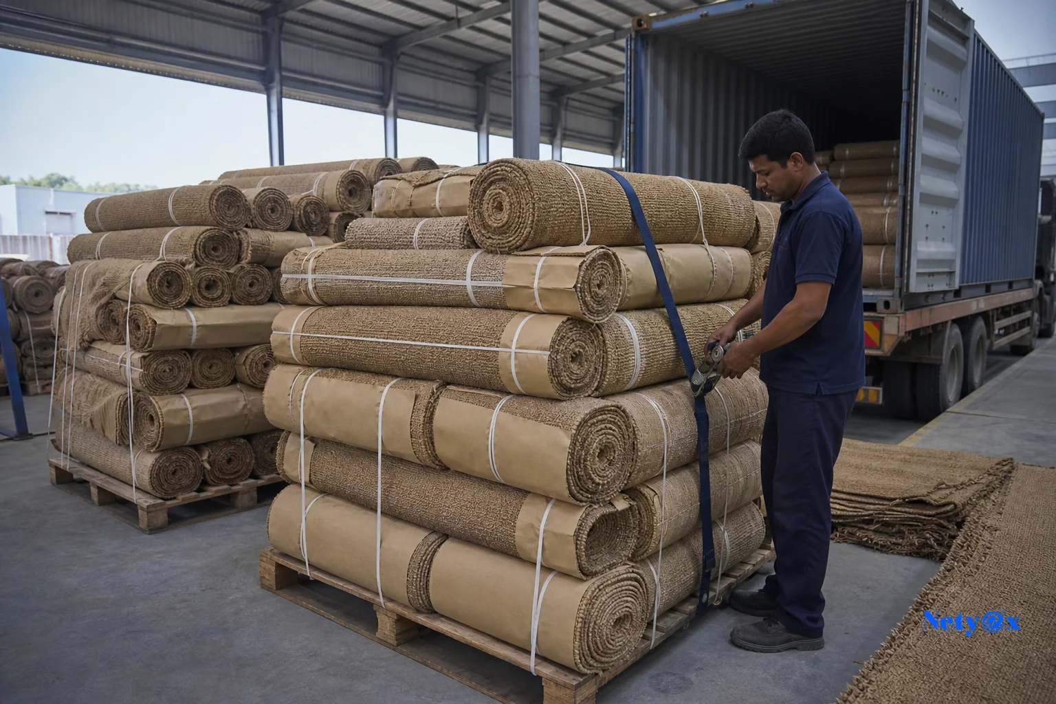 photorealistic: A logistics warehouse scene showing rolled and compressed jute rugs wrapped in eco-friendly packaging stacked on wooden pallets, a worker securing cargo straps, a shipping container visible in the background with soft