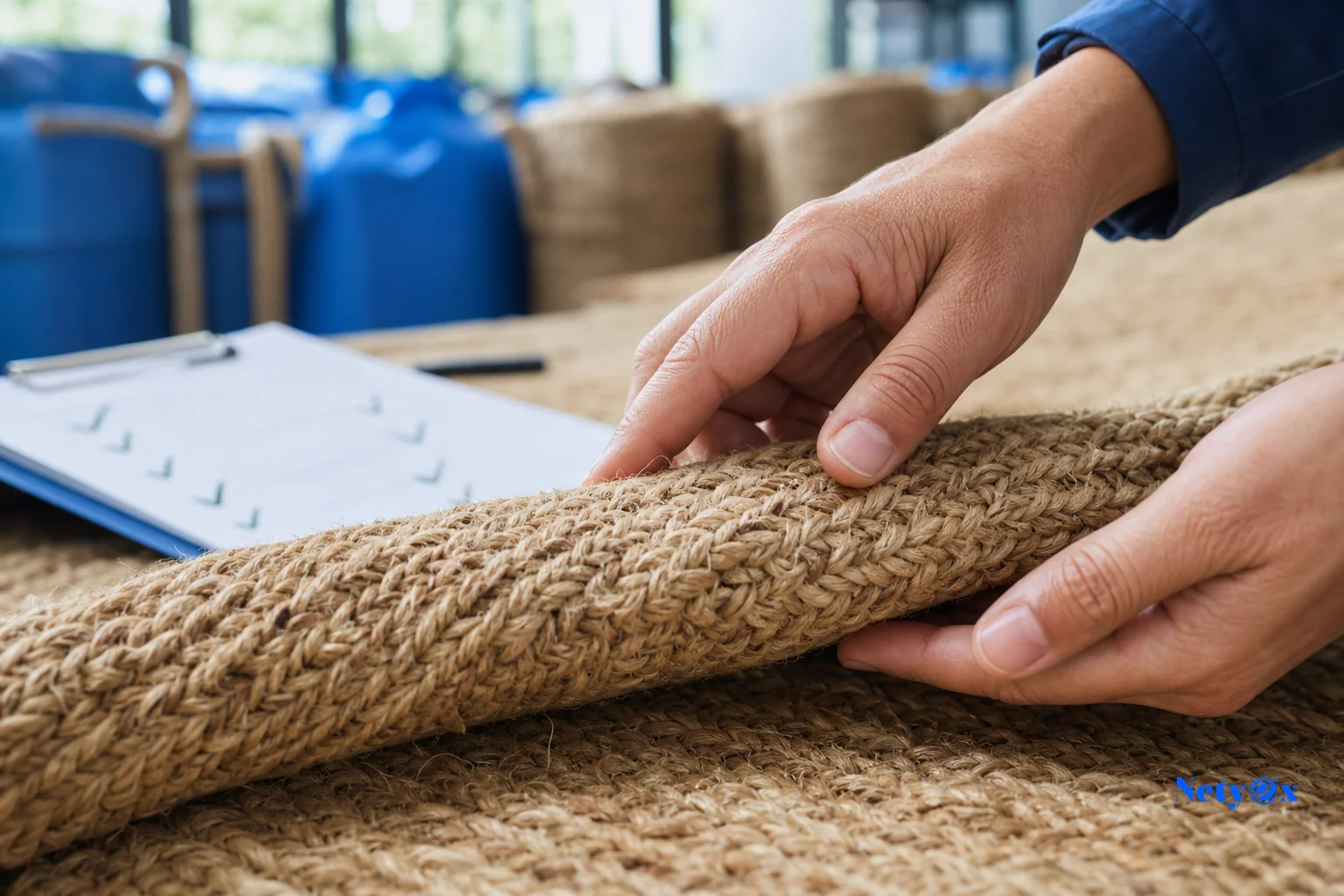 Close-up quality inspection of jute rug fiber and weave texture by hand. photorealistic: Close-up macro photograph of hands inspecting the woven texture of a natural jute rug, fingers tracing the fiber twist and weave density, warm natural