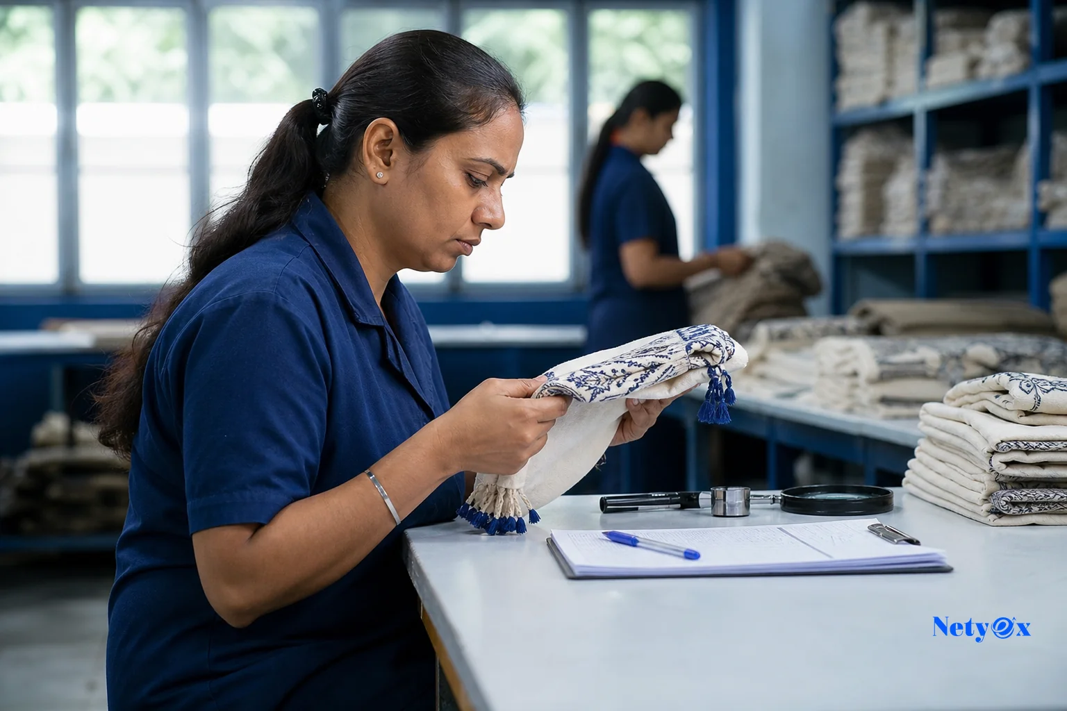 photorealistic photo of a quality control inspector examining finished handicraft or textile products on a factory workbench in India, checklist and inspection tools nearby, natural daylight through factory windows, blue-toned professional