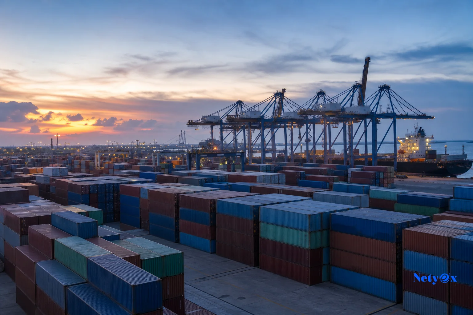 Shipping containers at an Indian port representing supplier risk and logistics. photorealistic photo of stacked shipping containers at a busy Indian port at dusk, cranes in the background, cool blue tones with warm sunset light, conveying