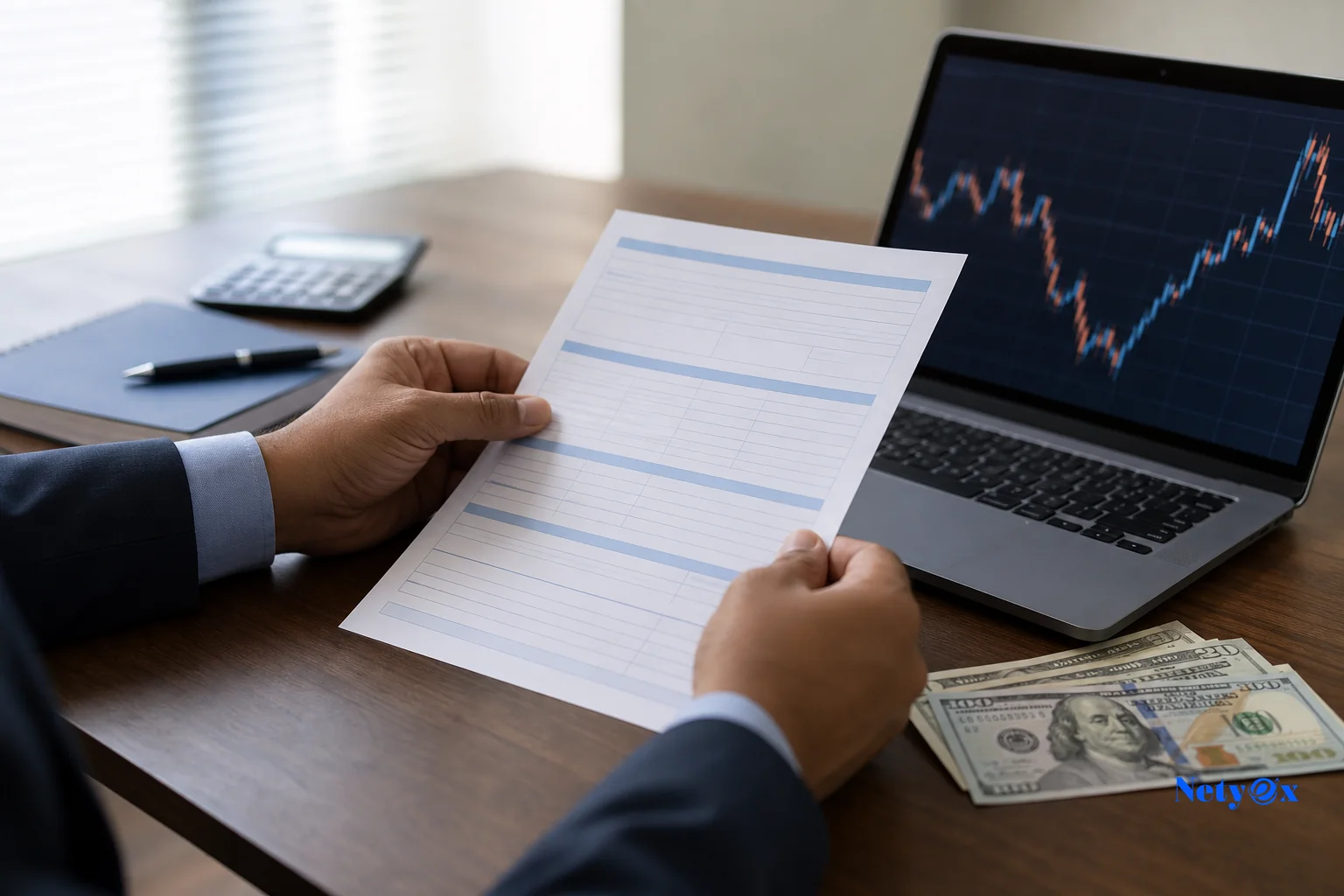 Close-up of international wire transfer paperwork and currency exchange concept for paying Indian suppliers. Photorealistic close-up photo of a businessperson's hands holding a bank transfer form next to a laptop displaying a currency