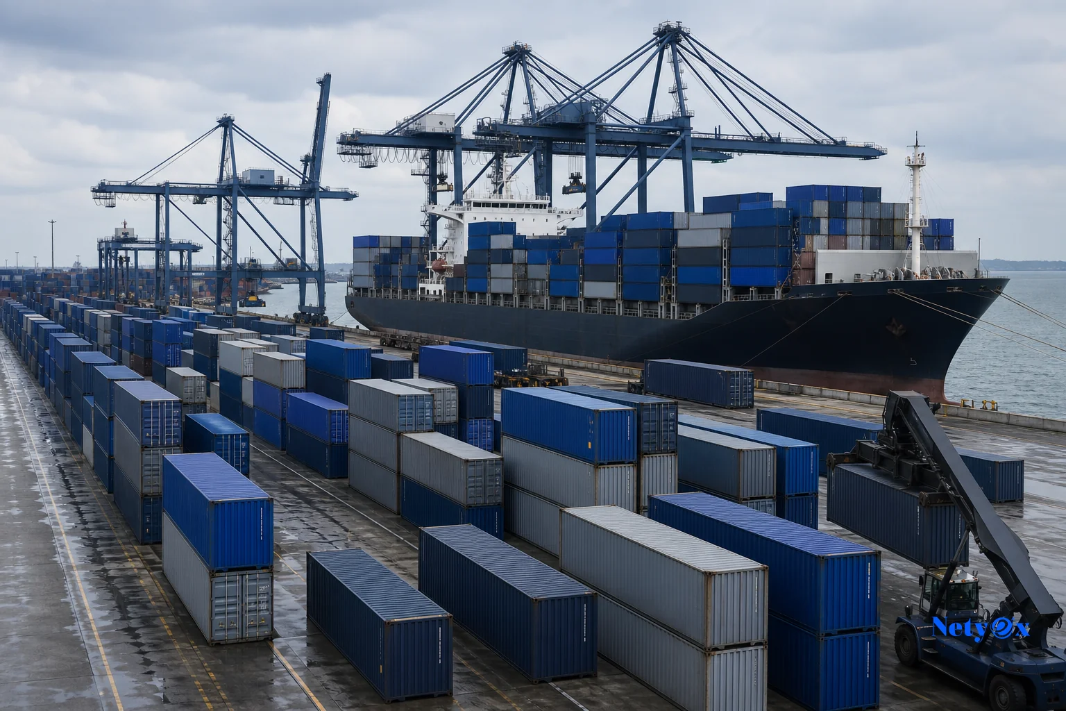 Shipping containers stacked at a busy port with a cargo ship, representing demurrage and storage delays. Photorealistic wide shot of a busy commercial shipping port with rows of stacked cargo containers in muted blue, slate gray, and steel