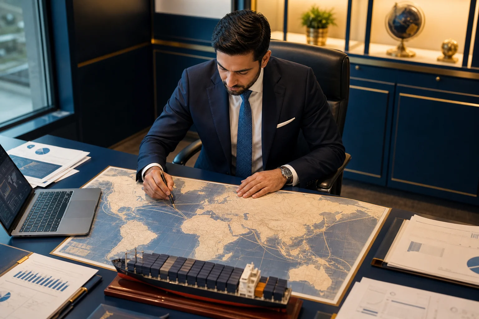 Business professional reviewing global shipping routes and logistics documents for India import decisions
