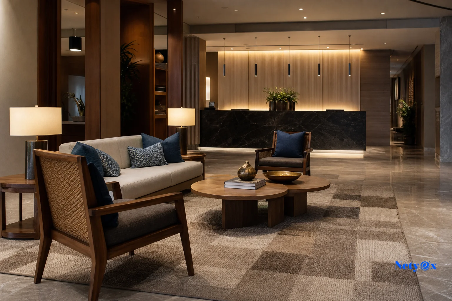 Elegant hotel lobby styled with Indian handwoven rug and decor pieces. photorealistic photo of a modern boutique hotel lobby featuring a large hand tufted wool rug in neutral geometric tones, wooden furniture, brass decor accents, warm