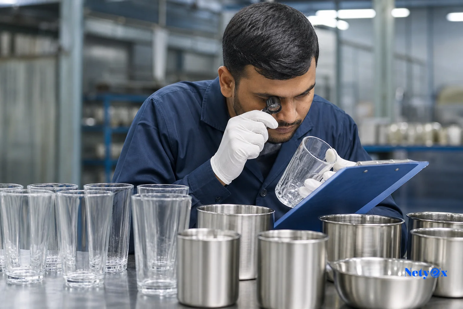 Quality inspector checking hotel kitchenware and glassware batch consistency. photorealistic photo of a quality control inspector in India examining a row of glassware and stainless steel kitchenware pieces on a factory table, using a