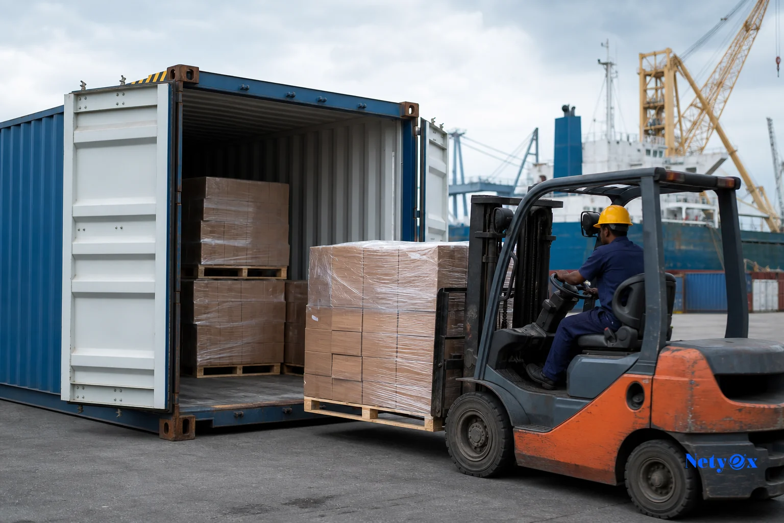 Export cargo container being loaded with mixed hotel goods for a property opening. photorealistic photo of a shipping container being loaded at an Indian port with palletized boxes labeled for hotel textiles, kitchenware, and decor