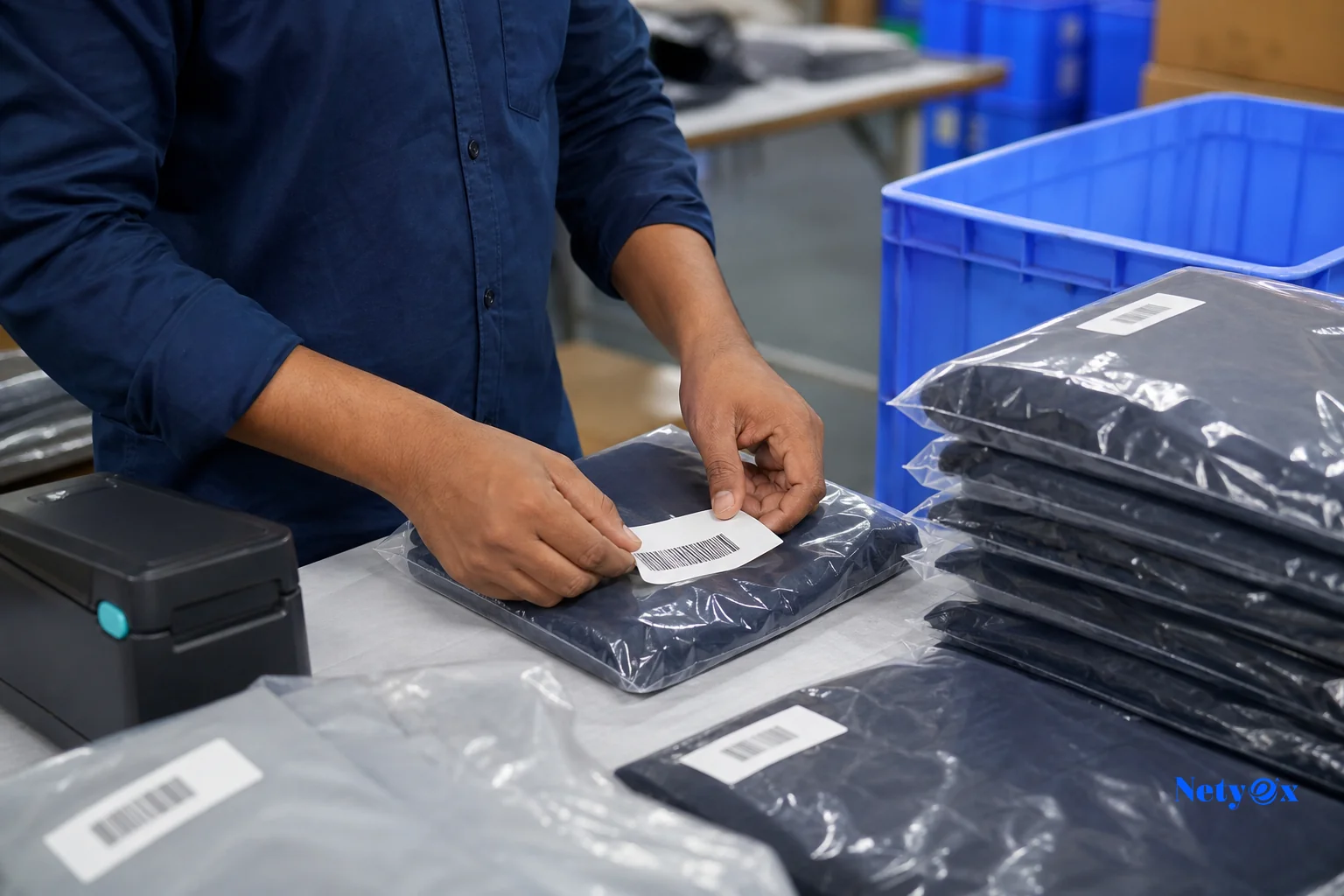 Photorealistic photo of a worker applying FNSKU barcode labels and poly-bagging retail products at a packing table in an Indian sourcing facility, focus on hands and product, muted industrial background with subtle blue tones (#6daada)