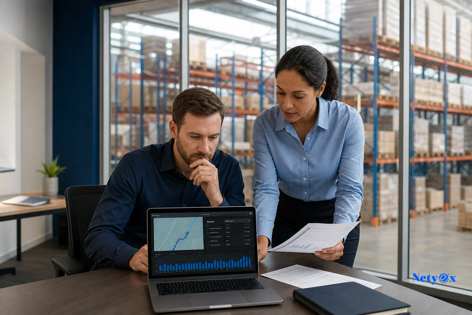 Two business professionals reviewing a fulfillment planning document with warehouse in background. Photorealistic photo of two business professionals in an office reviewing shipping documents and a laptop showing order tracking data