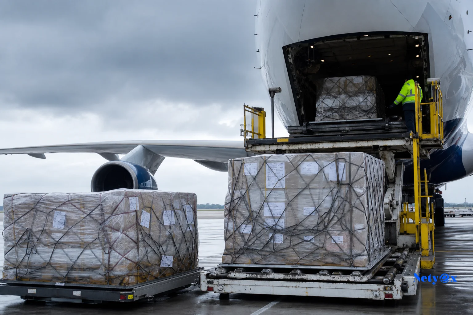 Cargo pallets being loaded for air freight bound for multiple international destinations. Photorealistic photo of wrapped cargo pallets on an airport tarmac being loaded into a cargo aircraft, shipping labels visible for different
