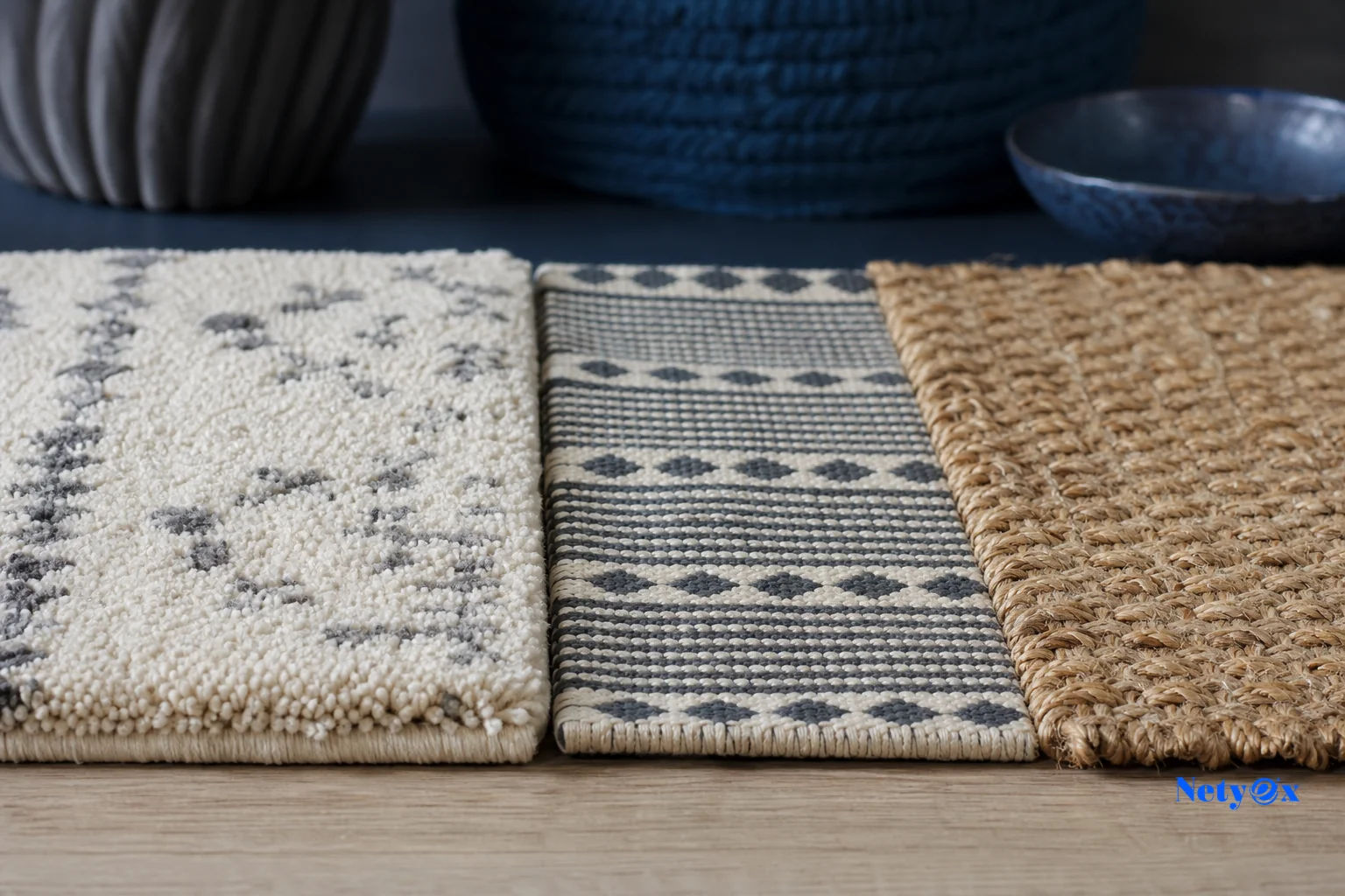 Close-up of rug material textures for comparison: wool pile, flatweave cotton, jute blend. Photorealistic close-up macro photograph of three rug material swatches side by side on a neutral wooden surface: dense hand-tufted wool pile, a