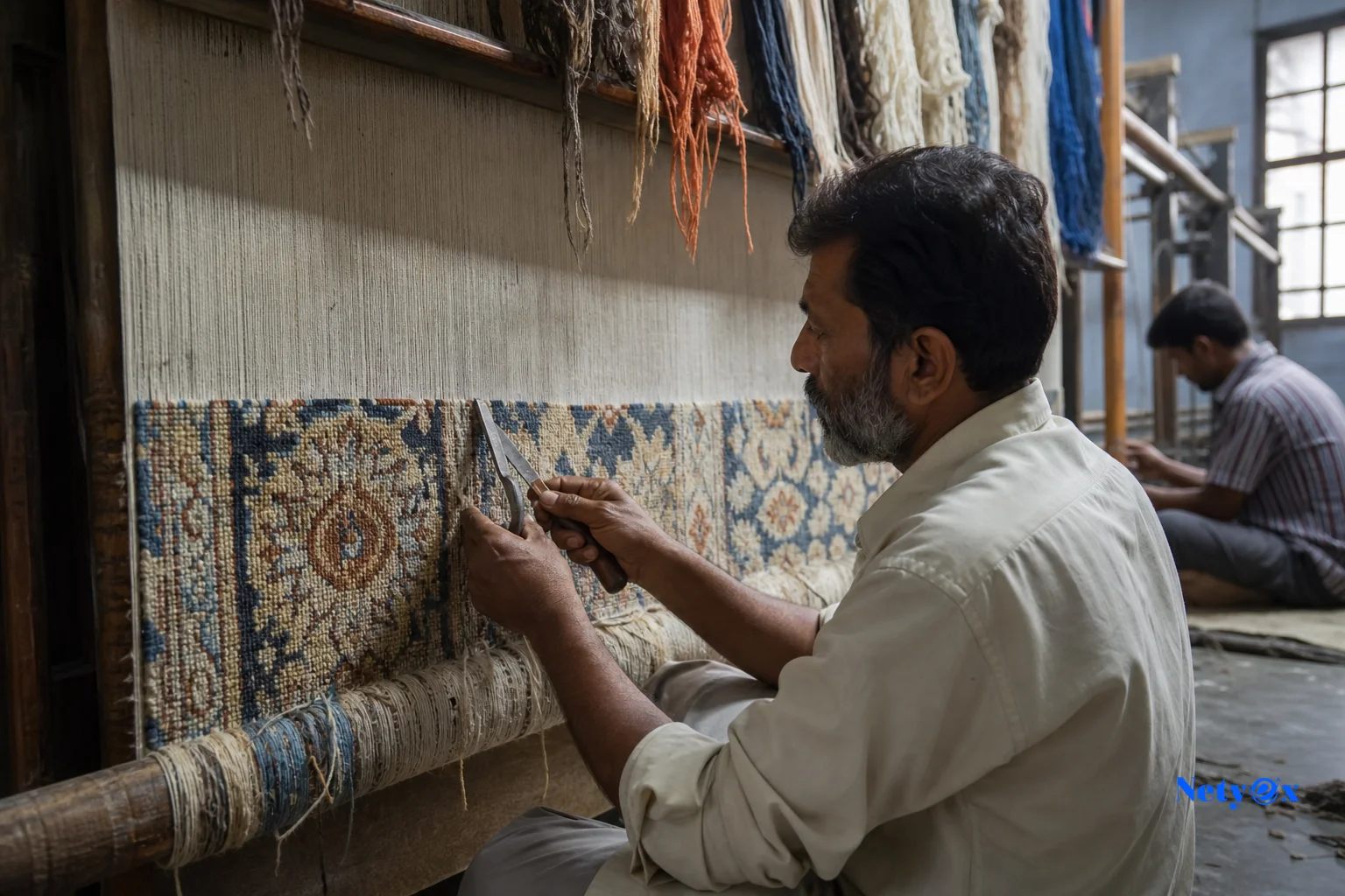 Indian rug workshop scene showing production and quality inspection in progress. Photorealistic documentary-style photograph inside an Indian rug manufacturing workshop, artisan hands tufting a wool rug on a large wooden frame, natural