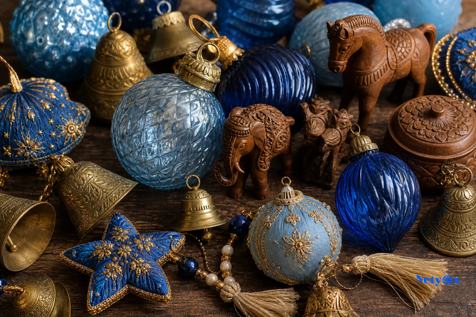 Image showing variety of Indian festive decor craft categories like brass, glass, wood, and textile ornaments. photorealistic close-up photo of an assortment of Indian handicraft festive decor items laid out on a rustic wooden surface
