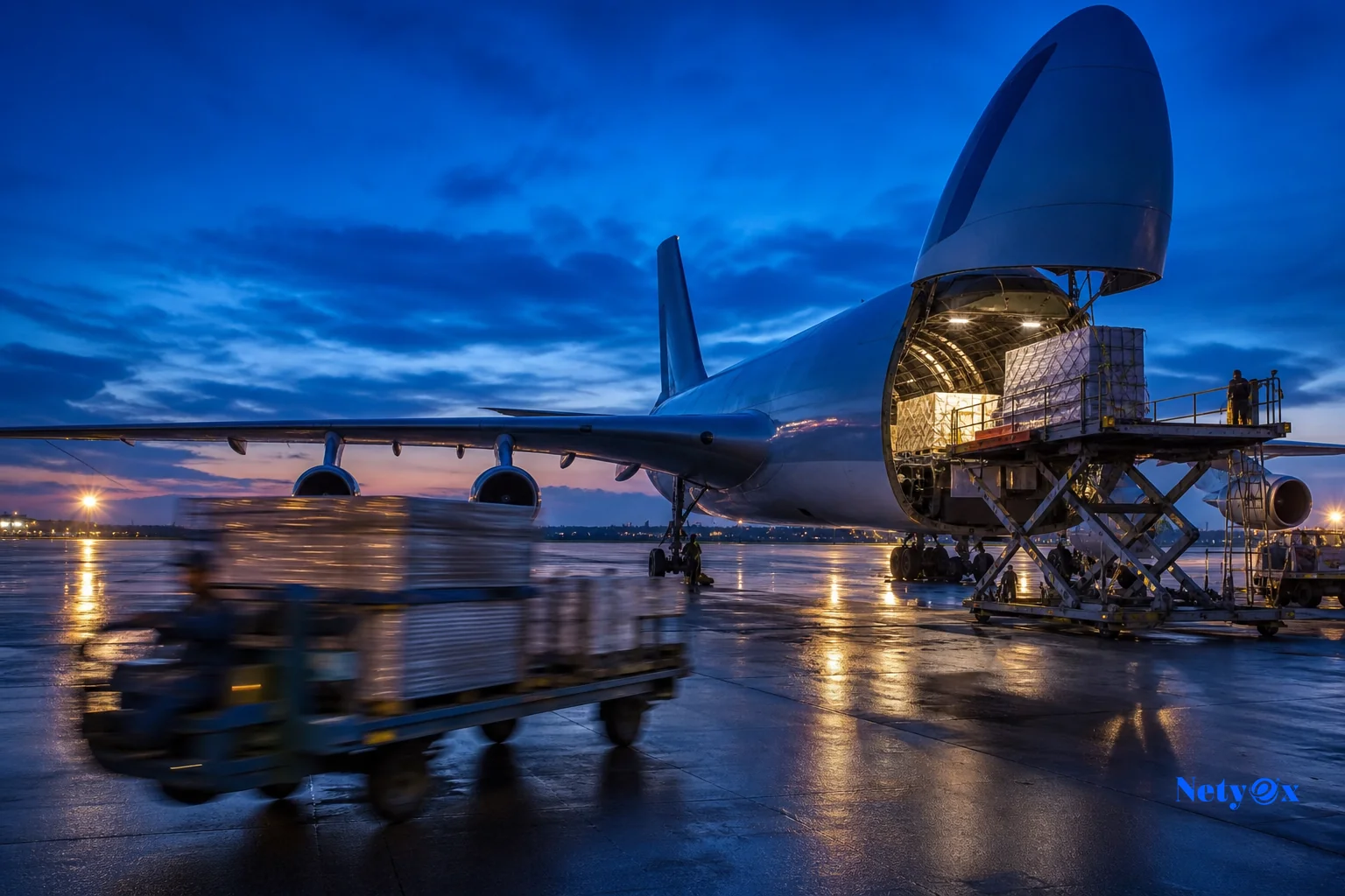 photorealistic photo of a cargo plane being loaded with export boxes on an airport tarmac at dusk, motion blur on a nearby ground crew cart suggesting urgency and speed, cool blue evening sky with a warm terminal light glow, color grading