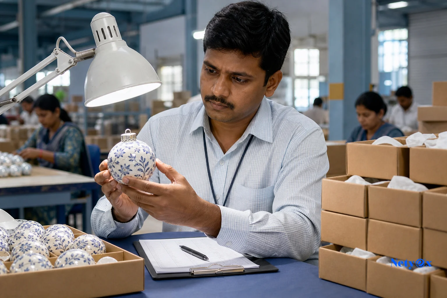 Image showing a quality inspector checking festive decor items before shipment. photorealistic photo of a quality control inspector in a bright Indian factory setting, wearing a simple collared shirt, carefully examining a hand-painted
