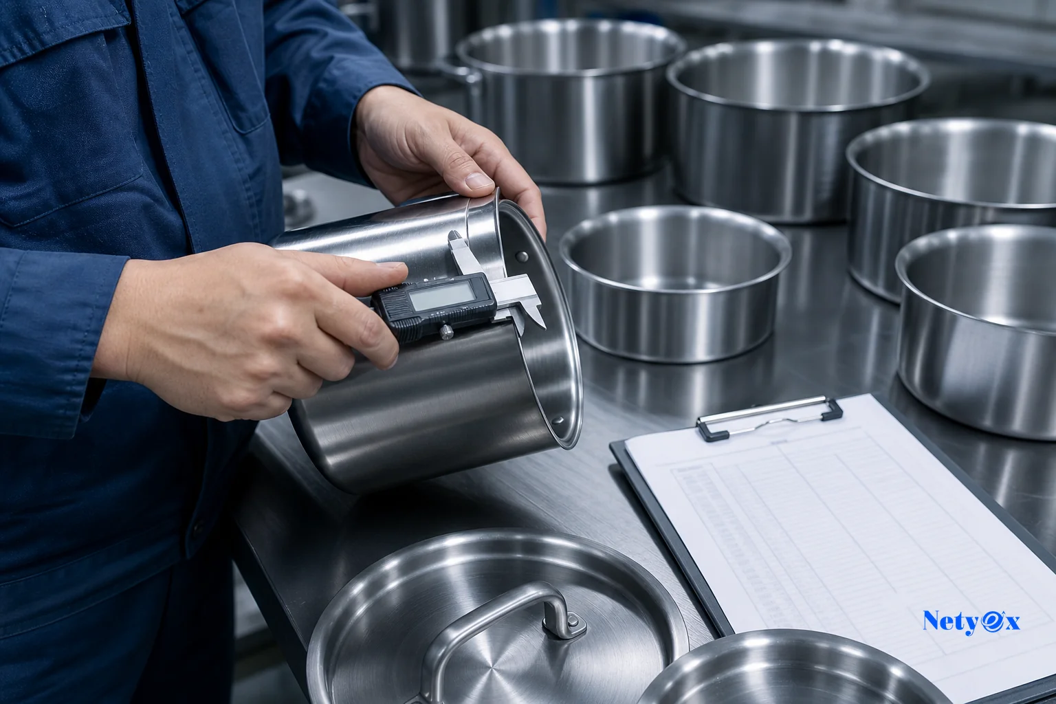 Close-up of stainless steel kitchenware being measured and inspected against a spec sheet. photorealistic photo of a factory worker's hands measuring the thickness of a stainless steel cooking pot with calipers on a workbench, a clipboard
