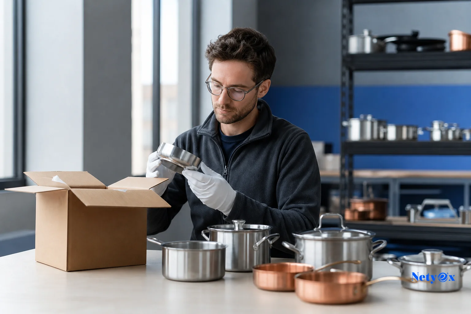 photorealistic photo of a quality control specialist unpacking a small sample carton of stainless steel and copper kitchenware items on a clean table, comparing pieces side by side, soft natural light, muted blue and charcoal color palette