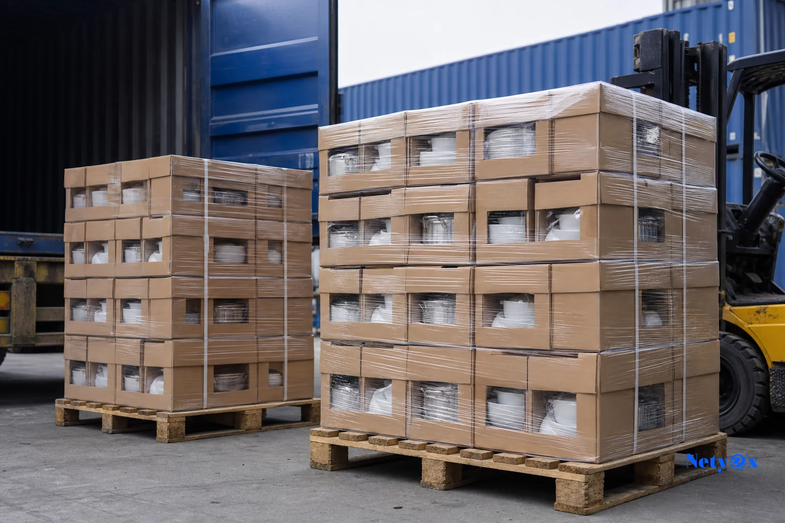 Export cartons of kitchenware being palletized and prepared for sea freight shipment from an Indian port. photorealistic photo of wooden export pallets stacked with sealed cardboard cartons of kitchenware at an Indian logistics warehouse
