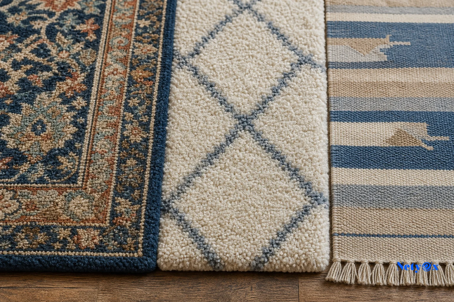 Side by side view of hand-knotted, hand-tufted, and flatweave dhurrie rug textures. Photorealistic close-up photo showing three distinct rug textures side by side on a wooden floor: a dense hand-knotted wool pile, a plush hand-tufted rug