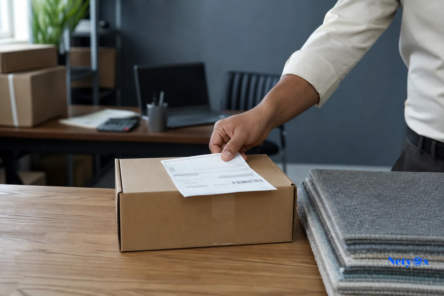 Close-up of an export courier package with rug swatches being prepared for international shipment. Photorealistic photo of a small courier box on a wooden table in an Indian export office, folded rug material swatches and a shipping label