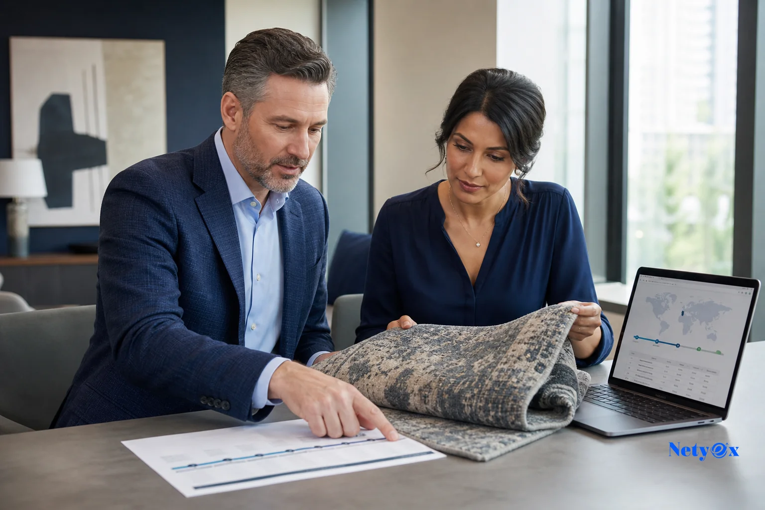 Two people reviewing a rug sample and production timeline chart together in a modern office. Photorealistic photo of two business professionals in a bright modern office reviewing a folded rug sample and a printed timeline document on a