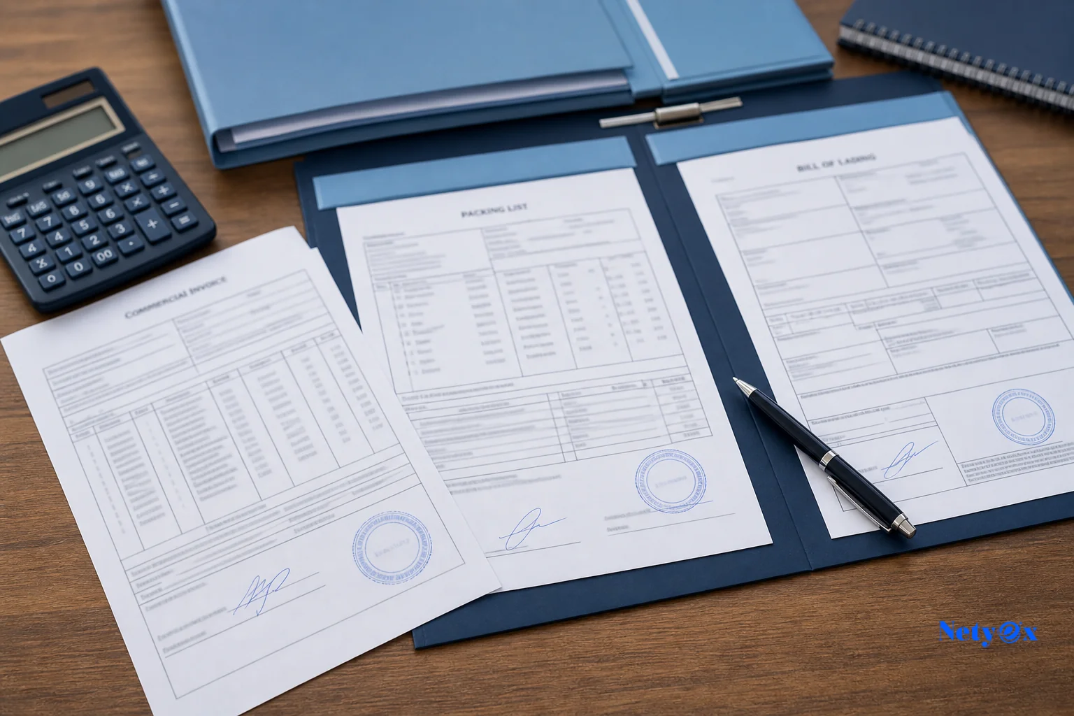 Close-up of export shipping documents including invoice, packing list, and bill of lading being organized in a logistics office in India. photorealistic photo of a close-up top-down view of export shipping documents spread on a wooden desk