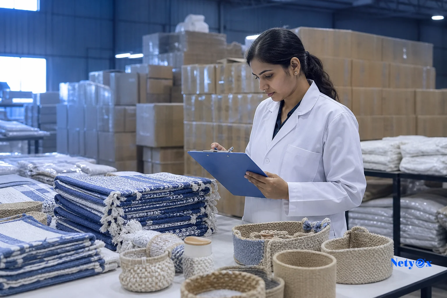 A quality inspector examining manufactured goods, such as textiles or handicrafts, in an Indian factory warehouse as part of pre-shipment inspection. photorealistic photo of a quality control inspector wearing a lab coat examining folded