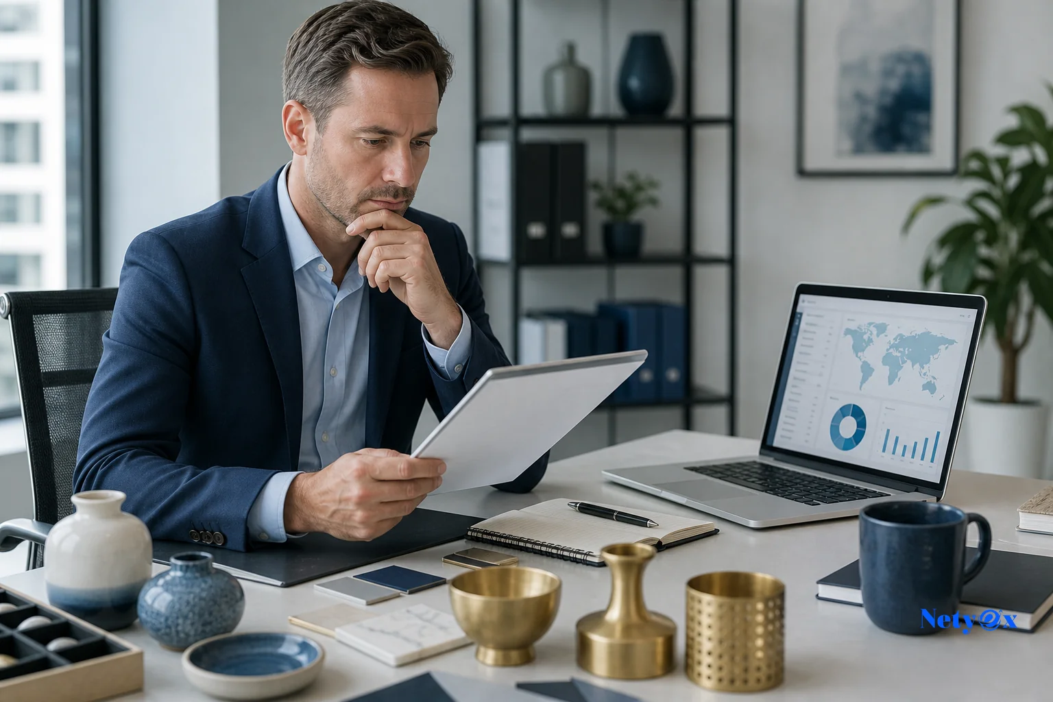 International importer carefully evaluating criteria for choosing a buyer's agent in India, reviewing a checklist with product samples on desk