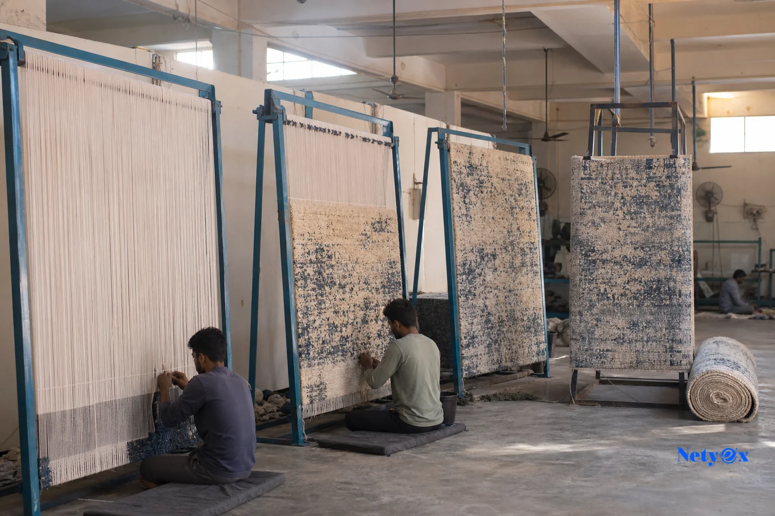 A calendar-like production timeline visualized through a photo of rugs at different completion stages on a factory floor. Photorealistic photo of a rug production floor in India showing multiple hand-tufted wool rugs at different stages of