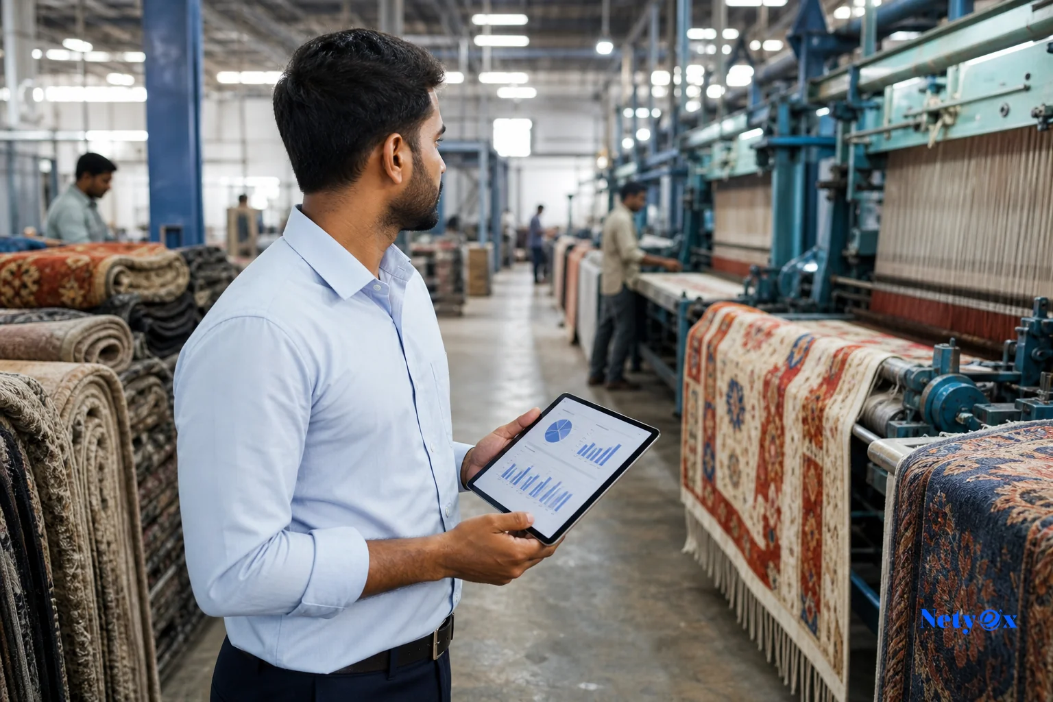 A sourcing specialist reviewing production progress on a tablet inside a rug manufacturing facility. Photorealistic photo of a sourcing specialist standing inside an Indian textile manufacturing facility, holding a tablet displaying
