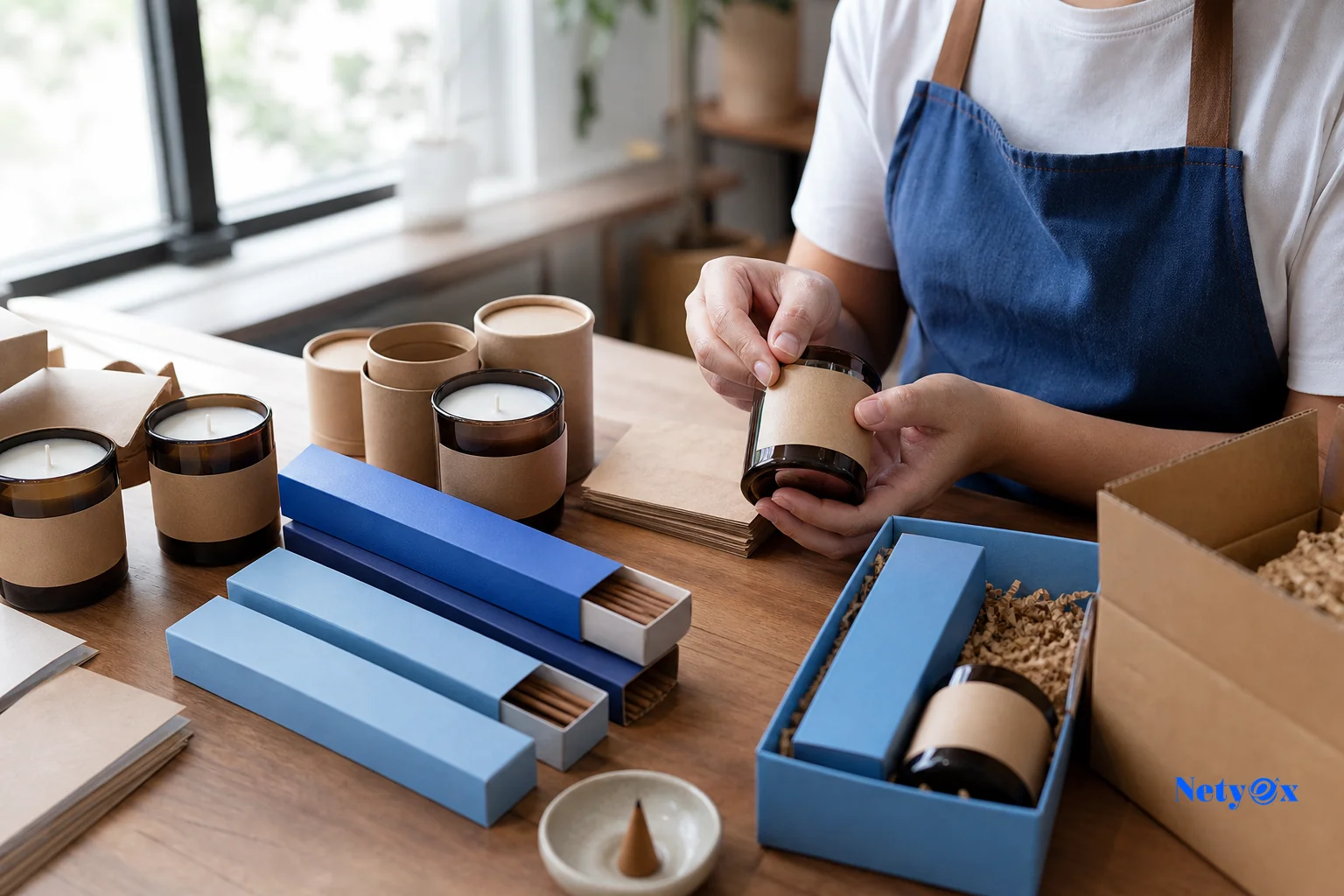 Private-label candle jars and incense boxes being prepared with custom branding for export