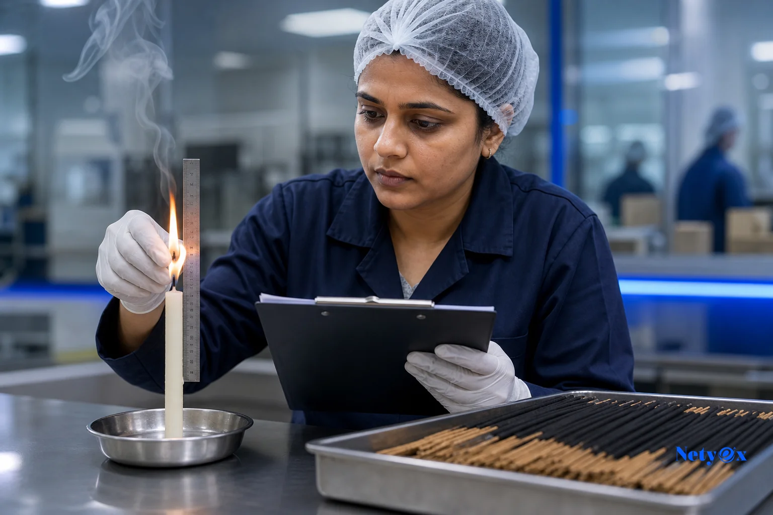 Quality control inspector conducting a candle burn test and inspecting incense sticks