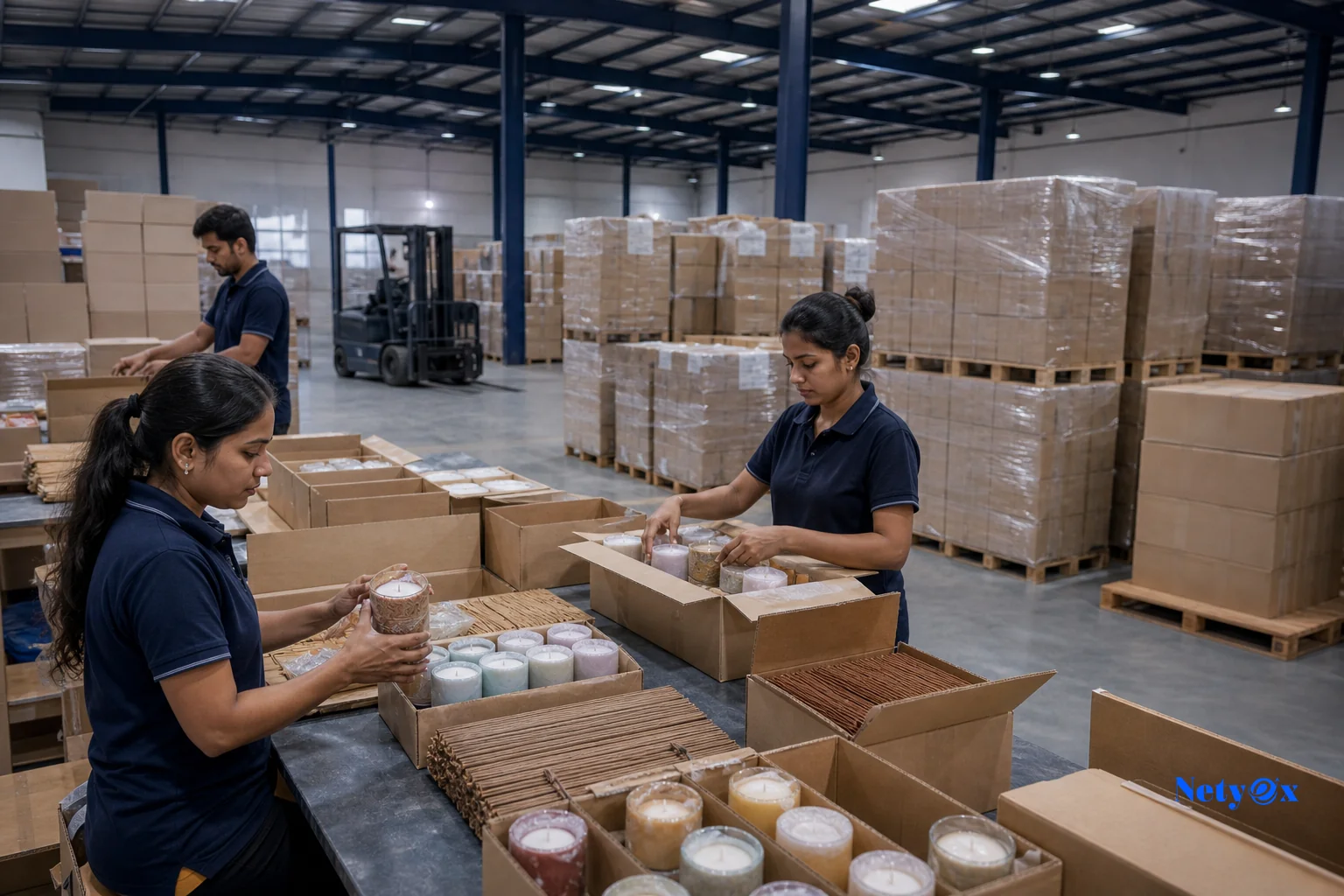 Workers packing candles and incense into export cartons at a logistics warehouse in India