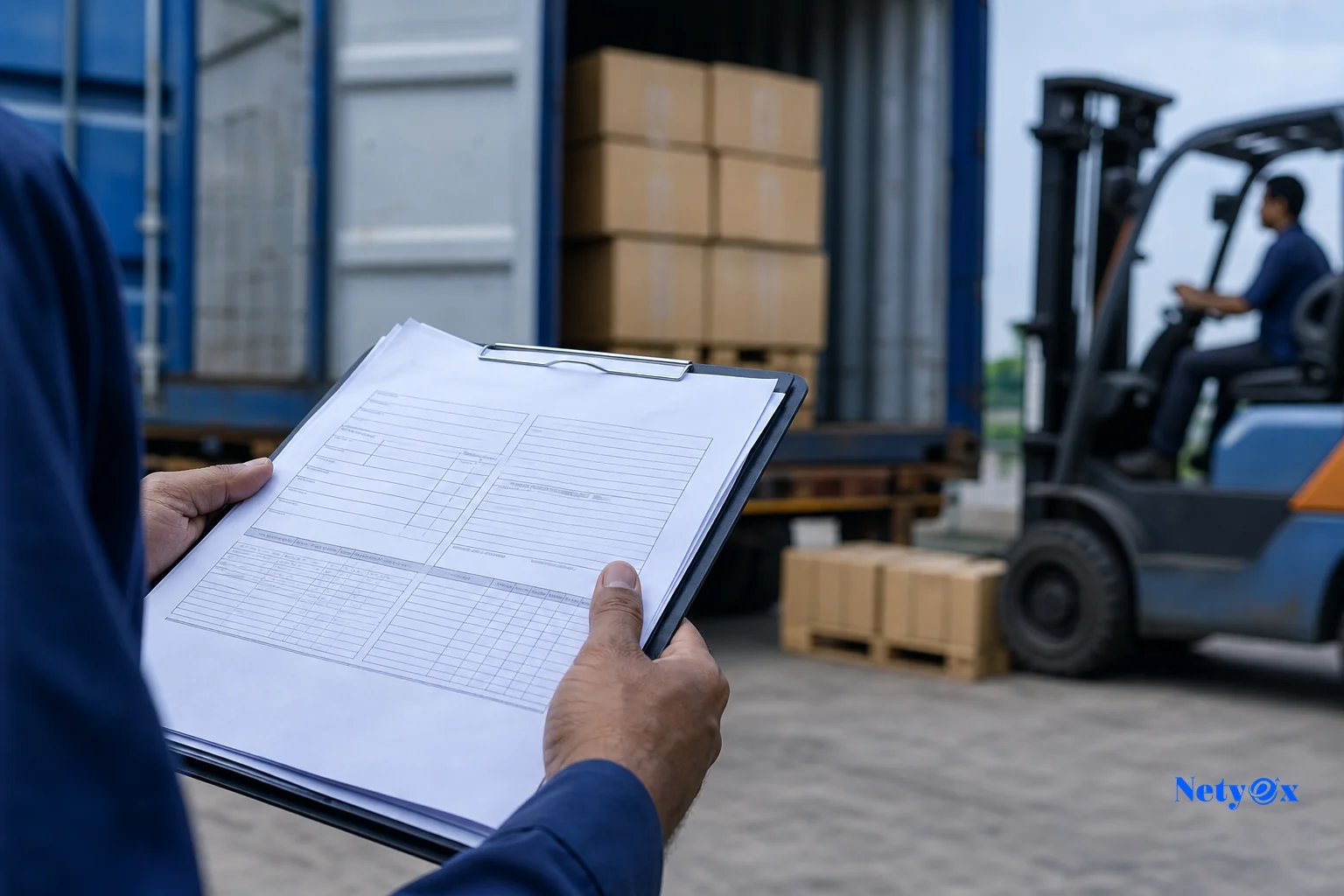 Export documentation and packing list at a shipping dock representing the final milestone before balance payment release