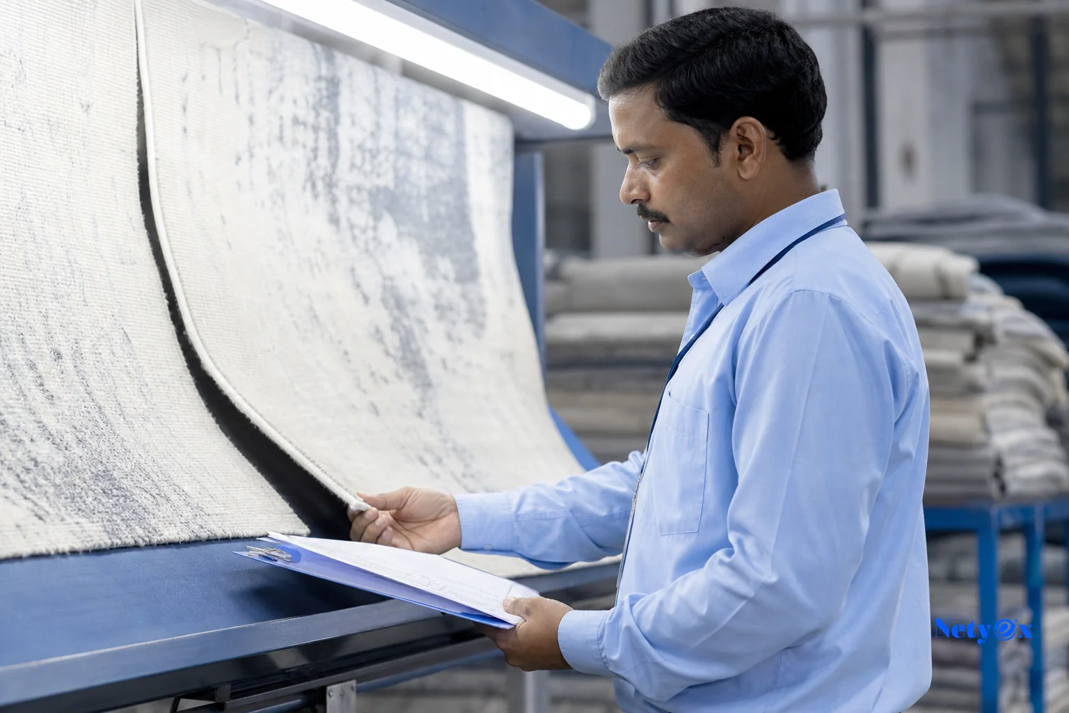 Quality inspector checking rug samples with documentation for compliance testing. photorealistic photo of a quality control inspector in India examining a wool rug sample under bright inspection lighting, holding a clipboard with compliance